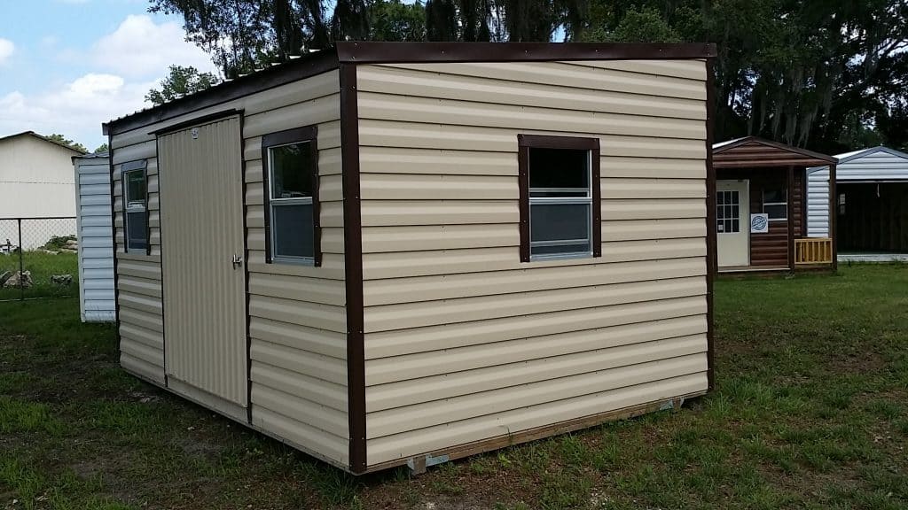 Single slope tan and brown trim with wooden framing with hurricane bracing Robin sheds Probuilt Structures Sheds For Sale In Central Florida Shed in citrus county and sheds in marion county