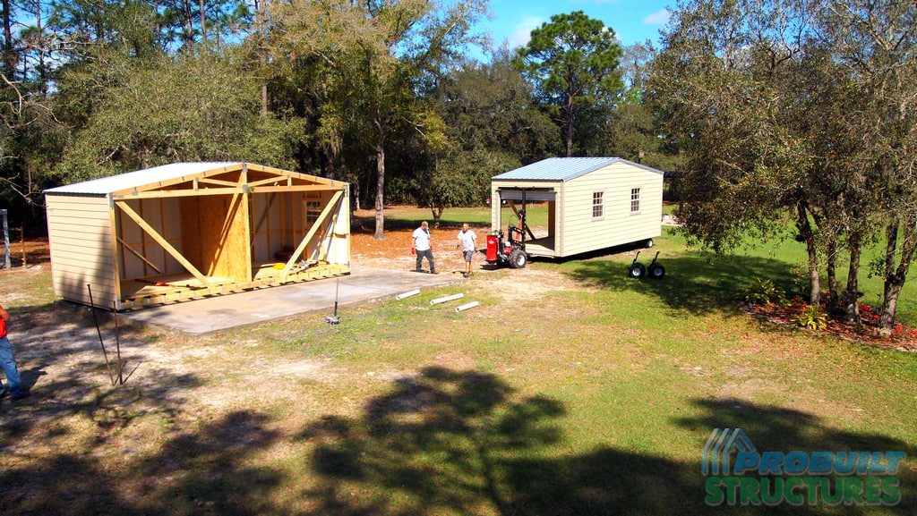 Shed delivery with garage door and metal siding multi module Robin sheds Probuilt Structures Sheds For Sale In Central Florida Shed in citrus county and sheds in marion county