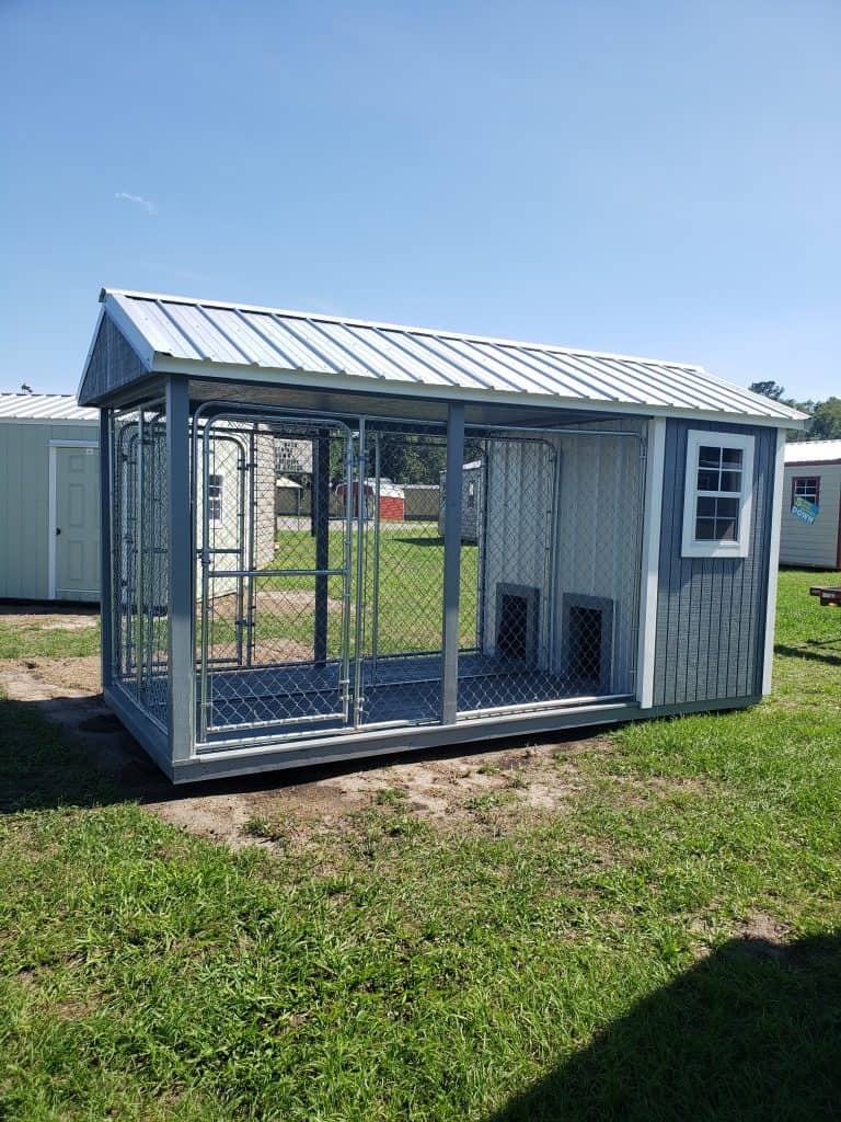 Probuilt Structures Sleel Building Storage Building Sheds She Sheds Man Cave Logo Grey fancy double dog kennel