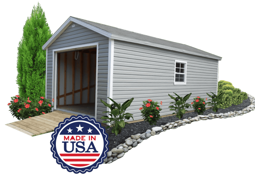 A compact 10x10 Portable Storage Shed manufactured by Robin Sheds, proudly made in the USA. The shed showcases its quality construction and practical design. Its smaller footprint makes it ideal for limited spaces. The shed is shown in a natural wood color, with double doors for easy access. The exterior is weather-resistant and designed to withstand various conditions.