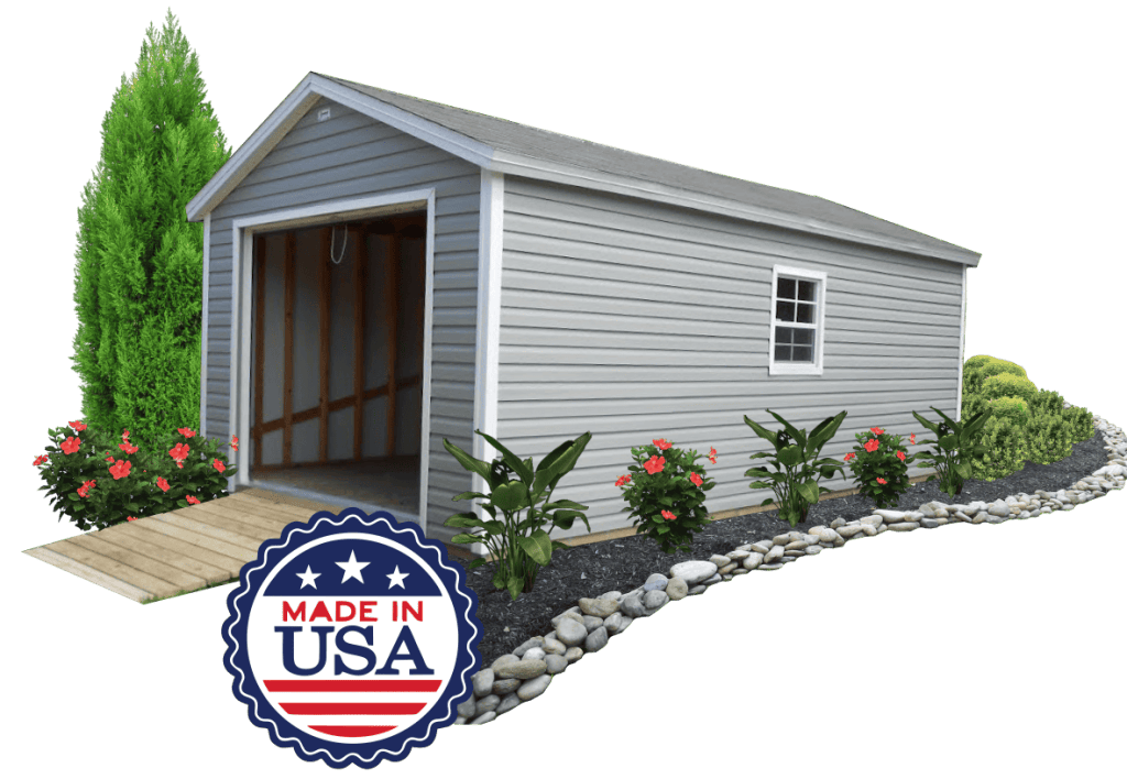 A sturdy and spacious 12x16 portable storage shed manufactured by Robin Sheds, a US-based company. The shed features a durable construction, with walls made of weather-resistant material. The roof is sloped to prevent water accumulation. The shed is shown in a natural wood color, with double doors for easy access. It has windows for natural light, and it is set in a neatly landscaped backyard, surrounded by greenery.