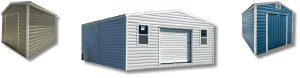 Three 12x16 Portable Storage Sheds manufactured by Robin Sheds. Each shed is made in the USA and features a durable construction. The sheds are lined up in a row, showcasing their spacious interiors and functional designs. The first shed is customized as a woodworking shop, with tools neatly organized on workbenches.