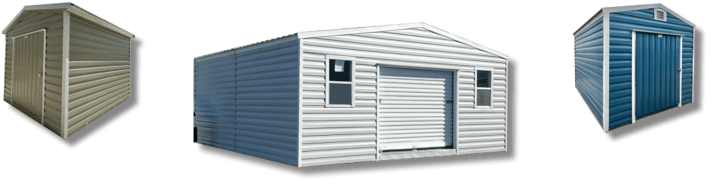 Three 12x16 Portable Storage Sheds manufactured by Robin Sheds. Each shed is made in the USA and features a durable construction. The sheds are lined up in a row, showcasing their spacious interiors and functional designs. The first shed is customized as a woodworking shop, with tools neatly organized on workbenches.