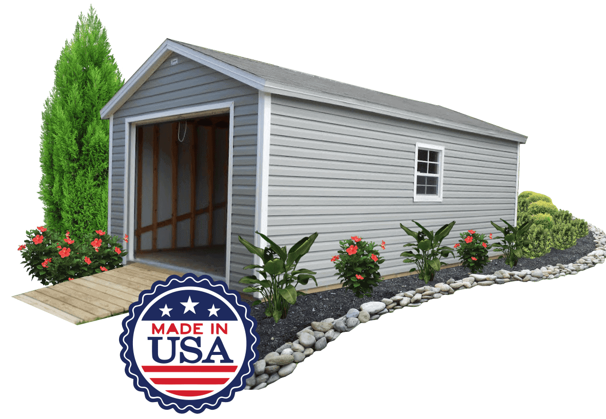 A compact 8x10 Portable Storage Shed manufactured by Robin Sheds, proudly made in the USA. The shed showcases its quality construction and practical design. Its smaller footprint makes it ideal for limited spaces. The shed is shown in a natural wood color, with double doors for easy access. The exterior is weather-resistant and designed to withstand various conditions.