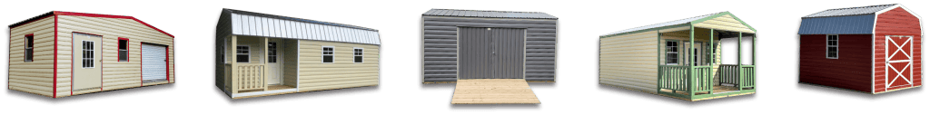 A row of five 12x16 Portable Storage Sheds manufactured by Robin Sheds. Each shed is made in the USA and features a sturdy construction. Each shed has double doors for easy access and windows for natural light. The surrounding area is well-maintained with lush green grass and landscaping