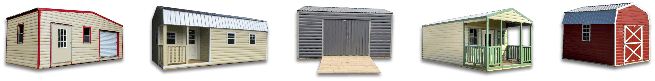 A row of five 12x16 Portable Storage Sheds manufactured by Robin Sheds. Each shed is made in the USA and features a sturdy construction. Each shed has double doors for easy access and windows for natural light. The surrounding area is well-maintained with lush green grass and landscaping