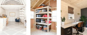 Showing three ideas for a A 12x16 Portable Storage Shed manufactured by Robin Sheds, showcasing its versatile inside uses. The shed is made in the USA and features a sturdy construction. Inside, the shed is organized and customized for various purposes.