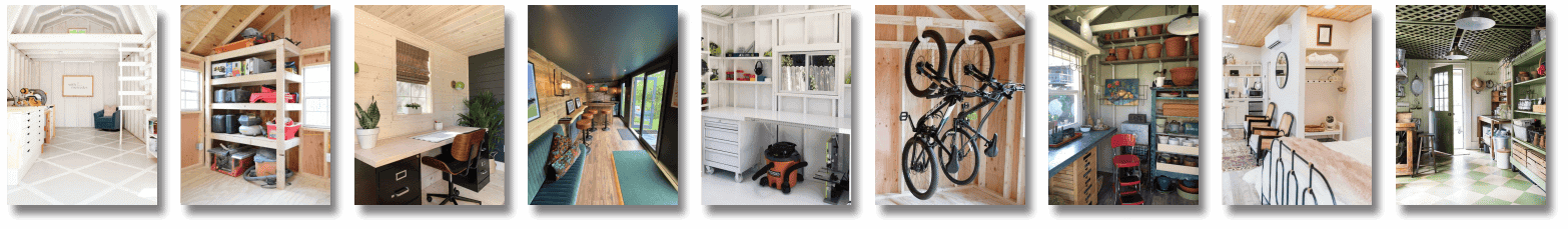 Transformed 14x14 portable storage Sheds interior with multiple design ideas, including cozy seating, a compact workspace, ample storage, and personalized decor.