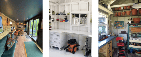 A 12x14 Portable Storage Shed manufactured by Robin Sheds, showcasing its versatile inside uses. The shed is made in the USA and features a sturdy construction. Inside, the shed is organized and customized for various purposes. One corner of the shed is set up as a home office, with a desk, chair, and computer. Another area is designated as a workout space, with exercise equipment and yoga mats. A third section of the shed is arranged as a craft and hobby area, with shelves filled with art supplies, a sewing machine, and a work table. The shed provides a flexible and functional space for different indoor activities. The interior is well-lit and designed for optimal comfort and productivity.