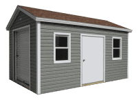 Classic small garden tool shed with wooden construction and green trim.