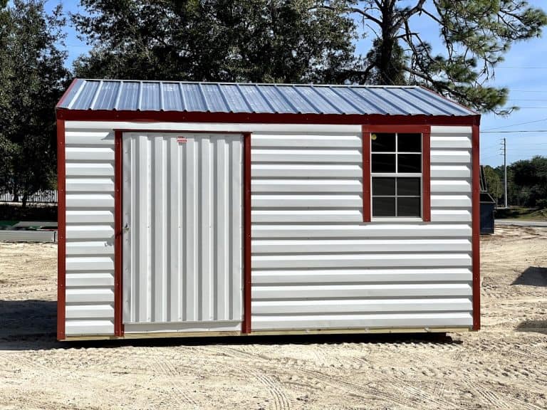 Metal siding storage shed with wood framing and large door