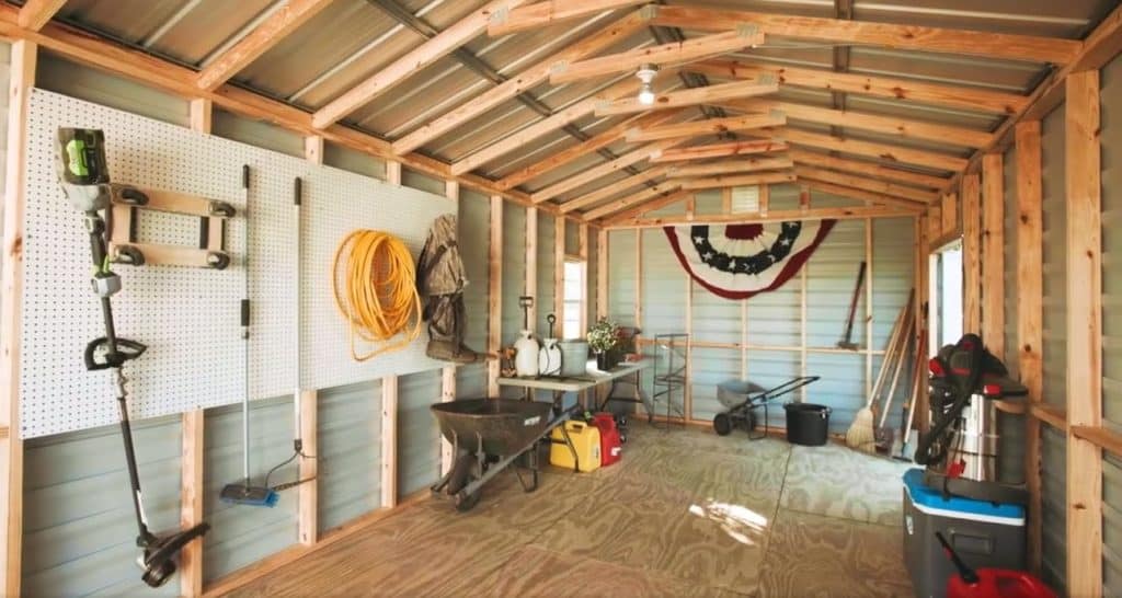 DIY bike storage shed in a backyard