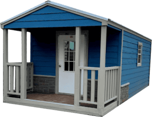"Porch model sheds displayed in a garden - Robin Sheds