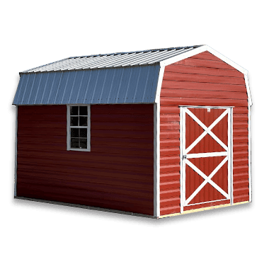 Storage barn with gardening tools neatly organized inside