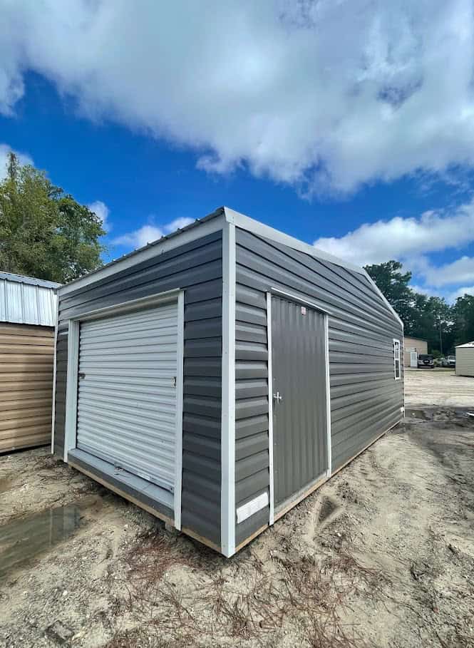 Vertical Bike Storage Shed with Garage Door and Walk Door - Convenient outdoor storage solution for bicycles.