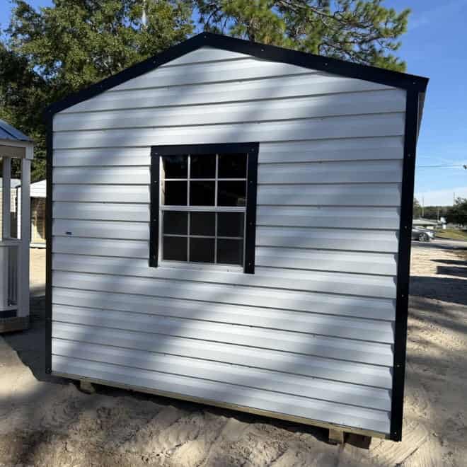 Rear view of 10x10 White Steel Americana Shed with Galvalume roof and Black trim