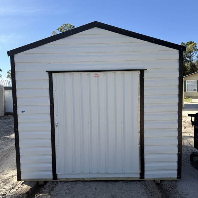 10x10 White Americana Steel Shed with 60" outswing door, Black trim, and Galvalume roof