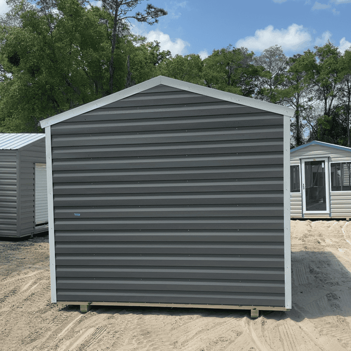 Rear view of 10x16 Charcoal Steel Americana Shed with Galvalume roof and White trim