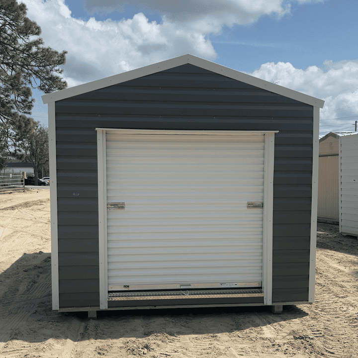 10x16 Charcoal Americana Steel Shed with 72" roll-up coil door, White trim, and Galvalume roof
