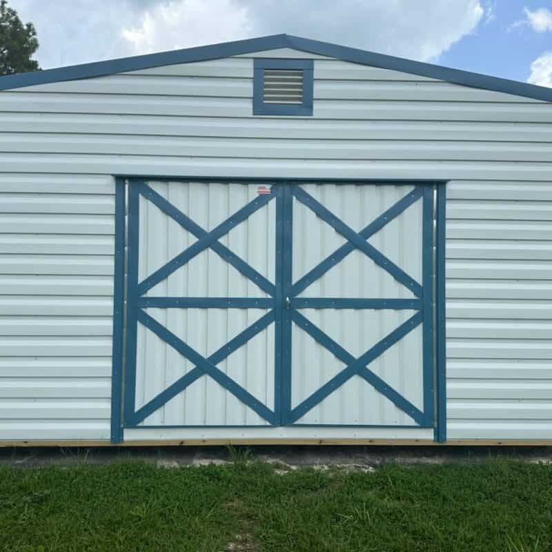 10x16 White Floridian Steel Shed with double doors, Hawaiian Blue trim, and Galvalume roof