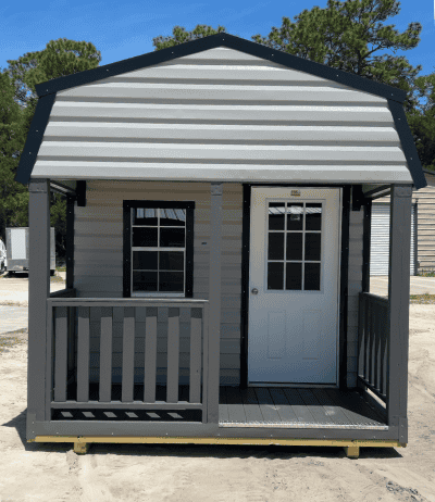 10x16 Ash Gray Steel Gambrel Cabin with 4' porch, 9-lite door, and colonial windows