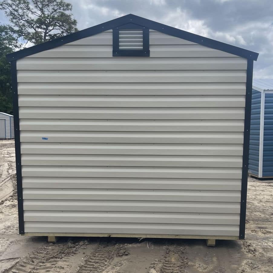 Rear view of 10x20 Light Stone Steel Americana Shed with Galvalume roof and white gable vents