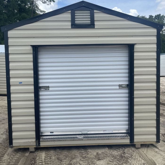 10x20 Light Stone Americana Steel Shed with 72" roll-up coil door, Black trim, and Galvalume roof