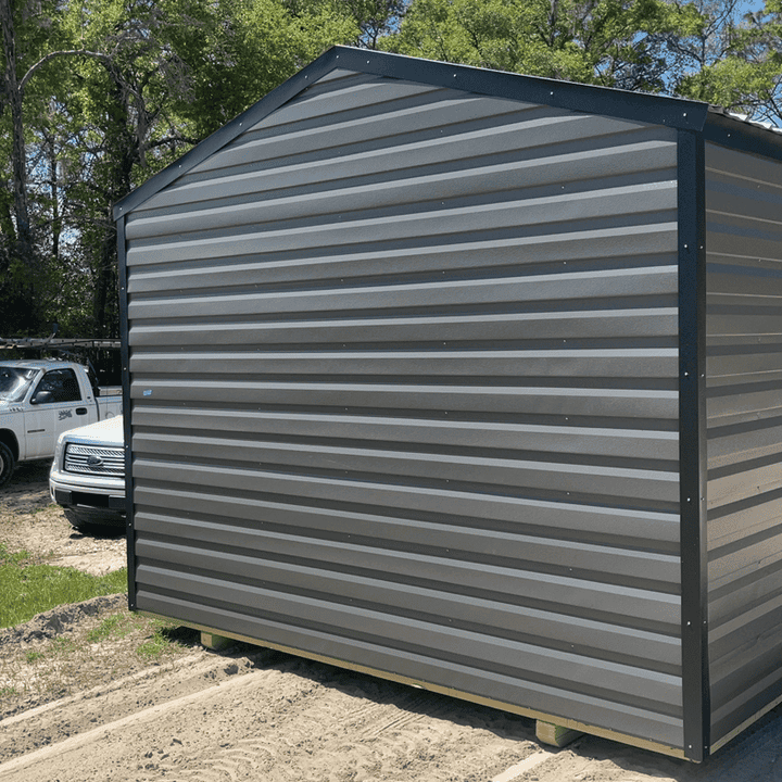 Rear view of 12x12 Charcoal Steel Americana Shed with Galvalume roof and Black trim