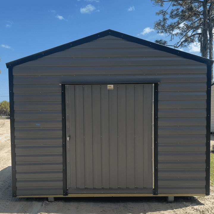 12x12 Charcoal Americana Steel Shed with 60" outswing door, Black trim, and Galvalume roof