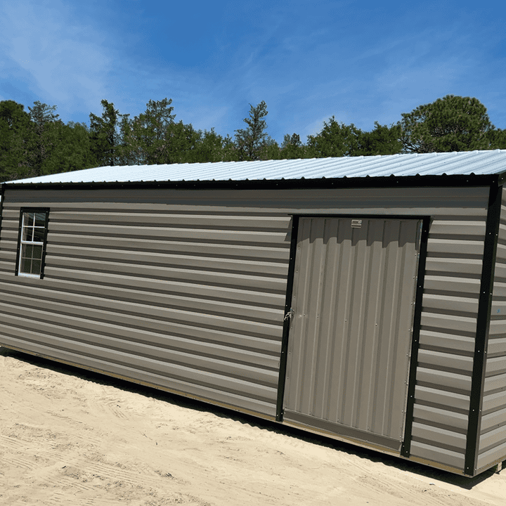 Side view of 12x24 Clay Steel Storage Shed with Galvalume roof, Black trim, and colonial windows