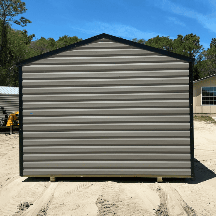 Rear view of 12x24 Clay Steel Americana Shed with Galvalume metal roof and Black trim