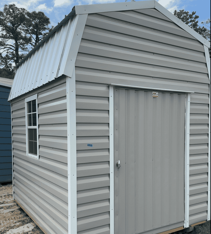 8x10 Ash Gray Steel Gambrel Barn with loft, 48" door, and White trim
